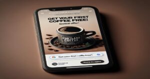 A smartphone screen displaying an advertisement for Portland Coffee. The ad, powered by Google Ads, features a cup of coffee surrounded by beans with text promoting a limited offer for a free coffee. The search bar at the bottom shows "Get your first coffee free!" Perfect for Portland businesses looking to generate leads.