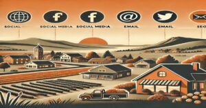 A vintage-style illustration of a Rural Oregon countryside community at sunset. In the sky above the village are icons for social media and email: a globe, Facebook, Twitter, an envelope, and a search icon. The landscape features houses, farms, fields, and a church—an ode to modern online marketing strategies.