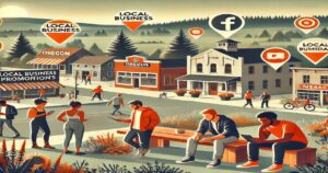 Digital illustration of a lively small-town setting in Rural Oregon, featuring people engaged with their smartphones. Numerous storefronts are marked with pins reading "Local Business" and social media icons, showcasing effective marketing strategies and highlighting the integration of technology in everyday life.