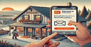 A person holds a smartphone showing an email notification from Nesace Media. In the background, there's a rustic building with a sign that reads "OREGON," a man standing nearby, and a sunset over the scenic landscape of rural Oregon.