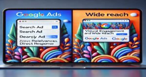 An open laptop screen showcases a split view comparing "Google Ads" on the left, highlighting "Search Ad" and other text options, with "Wide Reach" on the right, emphasizing "Visual Engagement" and icons representing extensive reach. Perfect for a successful mid-sized biz, the background is colorful and abstract.