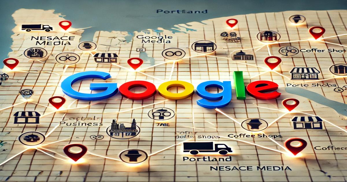 A colorful map with location pins and various icons indicating places such as media centers, coffee shops, and Portland businesses. The word "Google" is prominently displayed in the center in bright, multicolored letters. The map has interconnected lines showing routes to help generate leads.