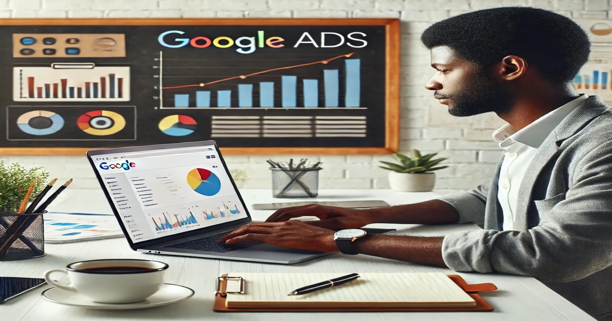 A man works on a laptop displaying Google Analytics, with charts and graphs. Behind him, a chalkboard shows more charts and the words "Google ADS." The workspace includes a coffee cup, notepad, plant, various office supplies, and notes on Google Ads optimization strategies.