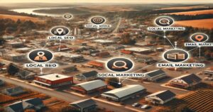 Aerial view of a small town in rural Oregon with various digital marketing icons overlayed, indicating locations for Local SEO, Social Media, Social Marketing, and Email Marketing. The scene effectively merges a rural setting with modern online marketing strategies depicted through icons.