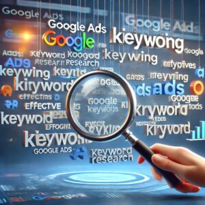 A magnifying glass is held up, focusing on the words "Google" and "keyword," while a variety of related digital marketing terms, such as "Google Ads," "research," and "effective," are displayed in a dynamic, glowing digital interface background.