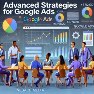 A group of professionals from a mid-sized business are seated around a table, attentively listening to a presentation on best practices for advanced Google Ads strategies. The background features charts, graphs, and Google Ads logos. The text "Advanced Strategies for Google Ads" and "NESACE MEDIA" are visible.