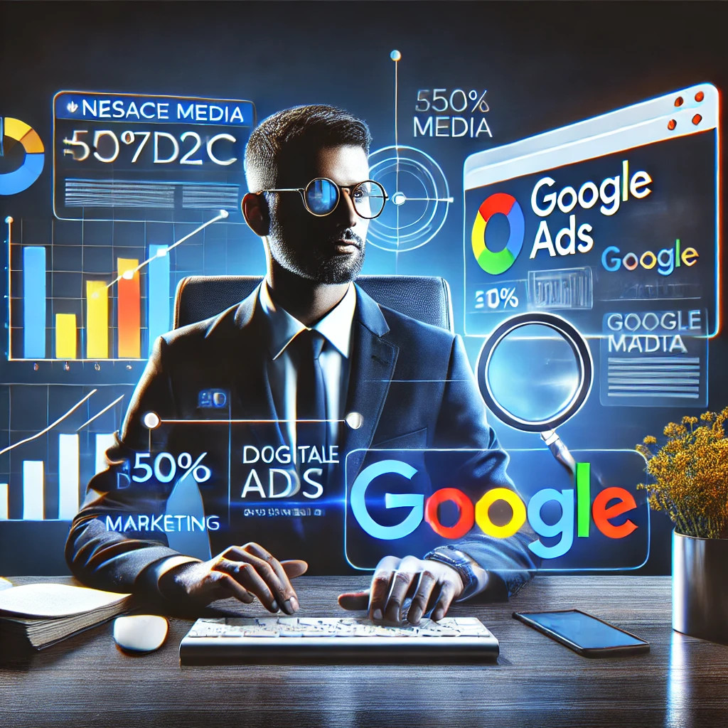 A businessman wearing glasses sits at his desk, surrounded by virtual data displays and graphs showcasing terms like "Google Ads," "Nesace Media," "509% Media," and "50% Marketing." The background features a search engine interface and various digital marketing metrics, tailored for mid-sized biz.