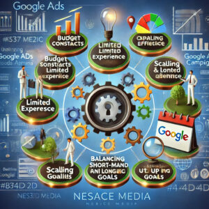 Infographic depicting various challenges in Google Ads for mid-sized biz, highlighting issues like budget constraints, limited experience, scaling, and balancing short-term and long-term goals. Illustrated with gears, charts, and people working on strategies. Labeled "Nesace Media.