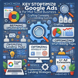 Colorful infographic on optimizing Google Ads for mid-sized businesses. Topics illustrated include keyword targeting, crafting ads, optimizing landing pages, smart bidding strategies, Google Display Network, ad extensions, and landing strategies. Created by Nesace Media specifically for Mid-Sized Biz success.