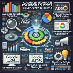 Infographic titled "Advanced Techniques for Google Ads Success in Mid-Sized Biz" by Nesace Media, featuring icons and charts that illustrate key concepts such as Audience Targeting, Geolocation, Scheduling Optimization, Quality Score Improvement, and Device-Specific Strategies.