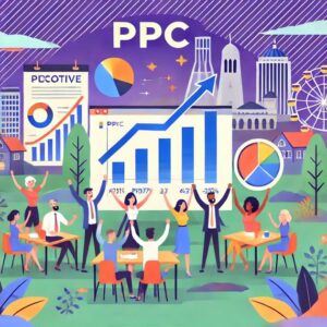 Illustration of a lively group of people celebrating in front of a large chart displaying significant growth and various graphics related to Pay-Per-Click (PPC) advertising. In the background, a city skyline with notable buildings and a Ferris wheel is visible, highlighting efforts by mid-sized firms like Portland PPC Agency.