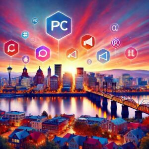 A vibrant cityscape at sunset features a river and a bridge in the foreground. Above the skyline, various social media and communication icons, such as a magnifying glass, at symbol, and chat bubbles, are floating, creating a digital and connected atmosphere reminiscent of Portland PPC Agency strategies for mid-sized firms.