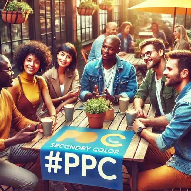 A diverse group of people is sitting around an outdoor table, enjoying beverages and engaging in conversation. A blue banner with the text "SECONDARY COLOR" and "#PPC" is draped across the table. The atmosphere is sunny and cheerful, reminiscent of gatherings at a mid-sized firm's event or a Portland PPC agency meetup.