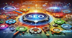 A vibrant image illustrating the concept of SEO (Search Engine Optimization) with various related terms like "ON-PAGE OPTIMIZATION," "KEYWORD RESEARCH," and "LINK BUILDING" represented by colorful graphics, icons, and connected gears surrounding a central 'SEO' label, showcasing how businesses can benefit from professional SEO services.