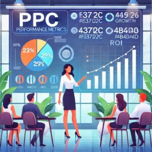 A businesswoman presents PPC performance metrics to a group of colleagues in a modern conference room. The screen behind her displays charts, graphs, and data visualizations including pie charts and bar graphs, with the text "PPC PERFORMANCE METRICS FOR MID-SIZED BUSINESSES IN PORTLAND".