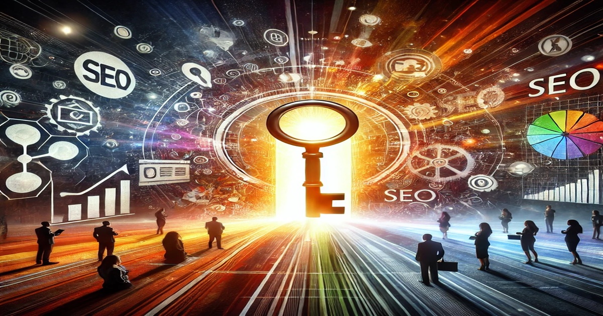 A large key stands in the center, radiating light and symbolizing access or unlocking. Surrounding it are various icons and symbols related to professional SEO services, data charts, gears, and digital connectivity. Silhouetted figures representing businesses are standing and walking in the foreground.