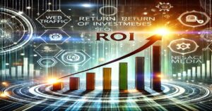 A vibrant, futuristic graphic shows a bar chart with an upward arrow labeled "ROI". Background features digital elements representing web traffic, professional SEO services, and media. Bright lights, geometric shapes, and networks create a high-tech atmosphere focused on growth and investment return for businesses.