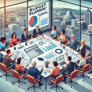 A diverse group of professionals is in a modern conference room discussing budget planning for mid-sized Portland businesses. Graphs and charts are displayed on a screen and table. The room has floor-to-ceiling windows with a cityscape view in the background.