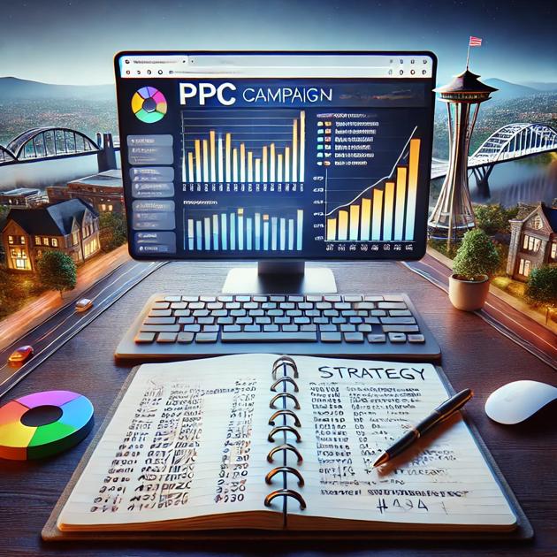 A computer screen displays PPC campaign performance charts, showing bar and line graphs, inside a cityscape office in Portland. Below, a notebook labeled "Strategy" is filled with handwritten notes. A colorful pie chart and some office supplies surround the setup, ideal for mid-sized businesses looking to optimize.