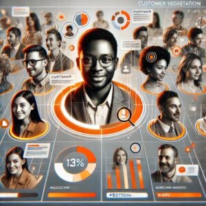 A diverse group of people is pictured in a segmented collage, each with data metrics, charts, and percentages around them. The text "Personalized Campaigns" is at the top, highlighting a central figure prominently surrounded by various demographic and behavioral data.