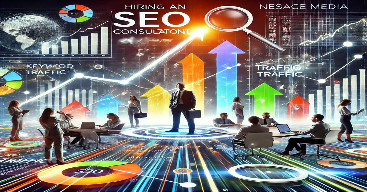 A vibrant digital marketing scene with people working on laptops and tablets, surrounded by charts, graphs, and arrows pointing upward. A central figure stands beneath a magnifying glass, highlighting "Hire an SEO Consultant" to "Grow Your Business" using keywords like "Keyword Traffic" and "Traffic Traffic.