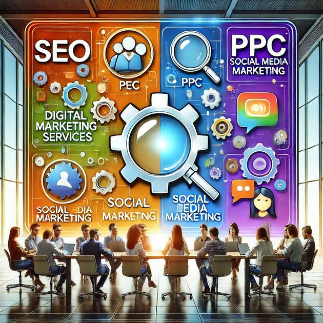 A diverse group of professionals sits around a conference table in a modern office, discussing digital marketing strategies. In the background, colorful gears and icons represent SEO, PPC, social media marketing, Hillsboro Digital Marketing services for boosting online presence, and more.
