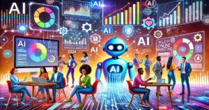 A vibrant illustration depicts a futuristic 2024 office environment where diverse professionals collaborate with AI technology. The scene is populated with numerous digital elements like charts, graphs, and icons, showcasing various AI applications to boost your business through online marketing.