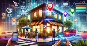 A vibrant city street at night features a bustling corner café surrounded by digital icons representing SEO, local searches, and media. People use smartphones while glowing markers pinpoint various online elements, illustrating how online marketing can boost your business in 2024.