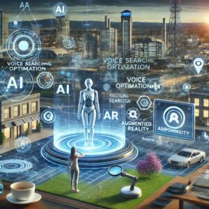 A futuristic cityscape with advanced AI and tech elements unfolds in Hillsboro. A holographic AI robot stands on a platform amidst buildings, symbolizing digital marketing agency prowess. Digital icons for voice searching, AI, augmented reality, and online presence illustrate advanced technological integration.