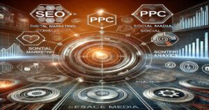 A digital marketing-themed illustration featuring keywords such as SEO, PPC, Social Media, Content, and Analytics. The design includes futuristic, holographic icons and a central glowing, circular interface amidst a tech-inspired background—ideal for consulting or enhancing your business strategy.