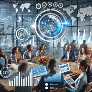 A group of diverse professionals seated around a conference table in a modern office, engaged in a discussion about Hillsboro Digital Marketing. The room features large windows and multiple virtual charts, graphs, and world maps projected in the air, indicating a focus on boosting online presence through data analytics and global metrics.