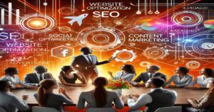 A diverse group of business professionals in a conference room listens to a presentation on Digital Marketing Strategy. The backdrop features various digital marketing and SEO-related icons and terms, such as "Website Optimization," "SEO," "Content Marketing," and "Social Marketing.