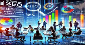 A high-tech business meeting in a futuristic setting: people in suits are sitting around a table with laptops, large holographic screens display charts, graphs, and SEO analytics. Magnifying glass icons emphasize the SEO consultant theme, and neon lights add a dynamic feel to grow your business.