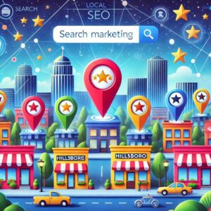 A vibrant illustration depicts a cityscape with colorful storefronts named "Hillsboro." Large pin markers with gold stars hover above buildings, indicating significant locations. Above, a search bar reads "Hillsboro Digital Marketing," emphasizing the city's commitment to boosting online presence under a blue sky filled with abstract icons.