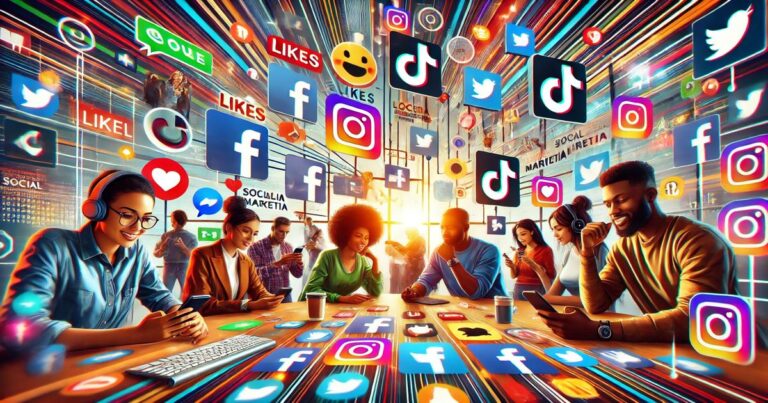 A diverse group of people sit around a table with smartphones and tablets, surrounded by floating social media icons like Facebook, Twitter, Instagram, and TikTok. The vibrant and colorful background symbolizes the fast-paced nature of online engagement in 2024, perfect for those looking to boost their business through online marketing.