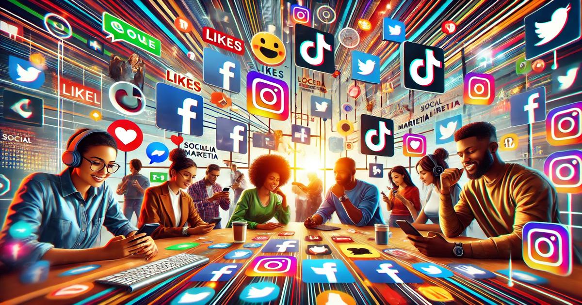 A diverse group of people sit around a table with smartphones and tablets, surrounded by floating social media icons like Facebook, Twitter, Instagram, and TikTok. The vibrant and colorful background symbolizes the fast-paced nature of online engagement in 2024, perfect for those looking to boost their business through online marketing.