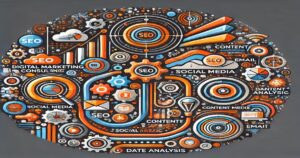 A circular graphic filled with icons and terms related to digital marketing, SEO, social media, content creation, email, and data analysis. The colors are predominantly orange, blue, and black, with various abstract shapes and symbols interconnecting to illustrate a cohesive business strategy.