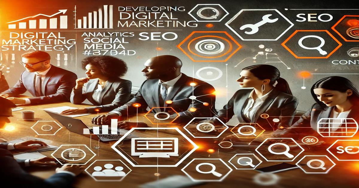 A diverse team of professionals in formal attire sits at a conference table, focused on laptops and documents. The background is overlaid with digital marketing icons and terms like "SEO," "Social Media," "Analytics," and "Mastering Digital Marketing Strategy.