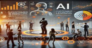 A futuristic scene with people standing on a digital floor surrounded by virtual screens displaying terms like "AI," "Customer Learning," and "Predictive Insights." Charts, graphs, and data visualizations float around, emphasizing technology, analytics, and marketing analytics for business growth.