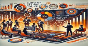 A dynamic digital artwork depicts business people analyzing charts and data on large screens. Text includes "Customer Lifetime Value," "ROI," and "SOX." The high-tech conference room setting emphasizes business growth with vibrant graphics highlighting marketing analytics and statistical information.