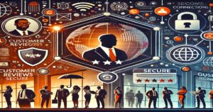 Illustration of businesspeople with icons representing security and reviews. A central figure in a suit is surrounded by globes, locks, stars, and technology symbols, highlighting themes of strong global connectivity, cybersecurity, online presence, and customer feedback.