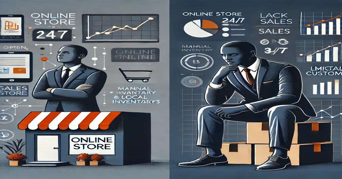 Illustration of a businessman contemplating e-commerce strategies. Left panel shows an online store with analytics, highlighting the need for a strong online presence. Right panel features the same man sitting on boxes, pondering business growth and inventory challenges, with charts and graphics in the background.