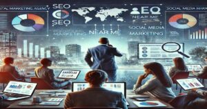 In a modern office with a cityscape backdrop, the top digital marketing agency's team dives into data analysis on SEO and social media. Large screens flash graphs, charts, and digital marketing terms as they strategize their next best move.