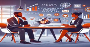 Two professionals sit at a table in a modern office of the best marketing agency, discussing strategies. Various icons and graphs for media and marketing surround them, symbolizing concepts like local marketing and social media, creating a sleek and contemporary setting.