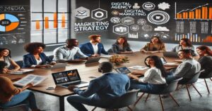 A diverse group of professionals sits around a conference table with laptops and documents, representing the best marketing agency. The wall displays digital marketing graphics and charts as they discuss strategies to achieve marketing success.