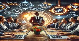 A business meeting features eight people seated at a table with laptops. A standing man leads, surrounded by digital marketing-themed graphics like "SEO" and "PPC." Bright, futuristic visuals emphasize a focus on technology and strategy, showcasing the prowess of the best digital marketing agency.