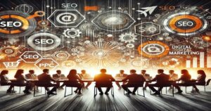 A group of business professionals in a conference room with digital marketing and SEO graphics projected above them. The visuals, designed by a leading digital marketing agency, include gears, icons, and words like "SEO," "PPC," and "Digital Marketing," highlighting a focus on strategy and technology.
