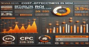 A digital dashboard showcasing SEM services and displaying graphs and statistics about cost-effectiveness enhances local visibility. It includes metrics such as ROI, CPC, and campaign performance with vibrant bar, line, and pie charts in orange and black alongside percentages and numerical values.