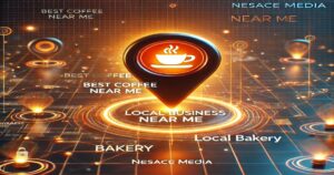 A futuristic digital map highlights "Local Business" and "Best Coffee Near Me" with glowing locators. Boosting local visibility, the vibrant orange and blue hues create a high-tech atmosphere, featuring keywords like "Bakery," "Nesace Media," and cutting-edge SEM services.