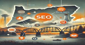 An illustrated map showcases Oregon symbols, like a bridge and pine trees, intertwined with digital marketing icons and terms such as "SEO" and "Social Media," all connected by lines. Highlighting Oregon in a creative, tech-inspired design, it underscores the role of local digital marketing experts.